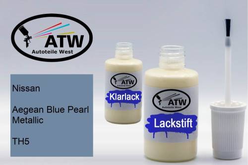 Nissan, Aegean Blue Pearl Metallic, TH5: 20ml Lackstift + 20ml Klarlack - Set, von ATW Autoteile West.